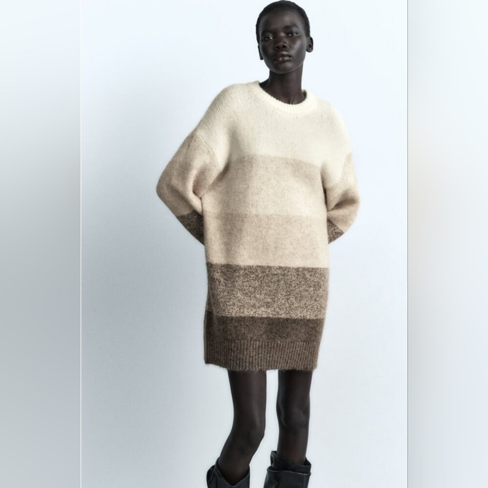 Zara Ombre Chunky Knit Striped Mini Dress in Brown / Ecru